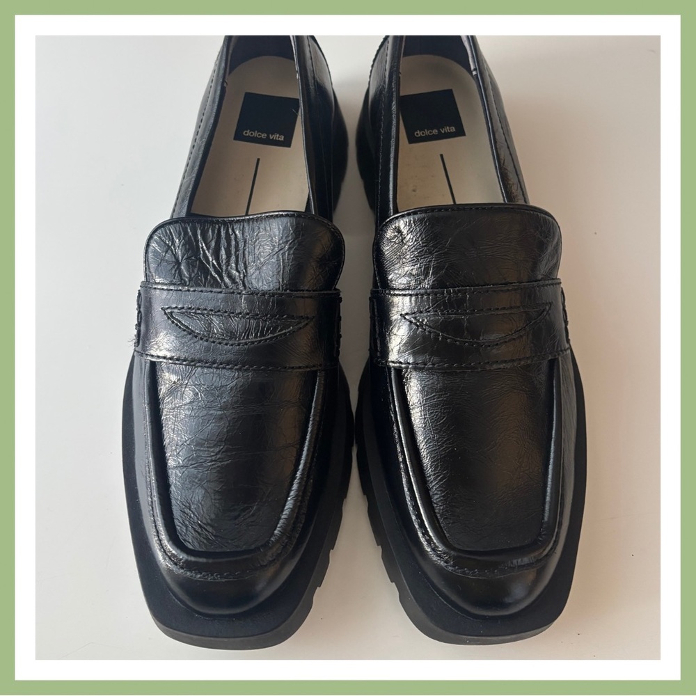 Dolce Vita Elias Crinkle Black Leather Chunky Loafers, Size 9 NWT